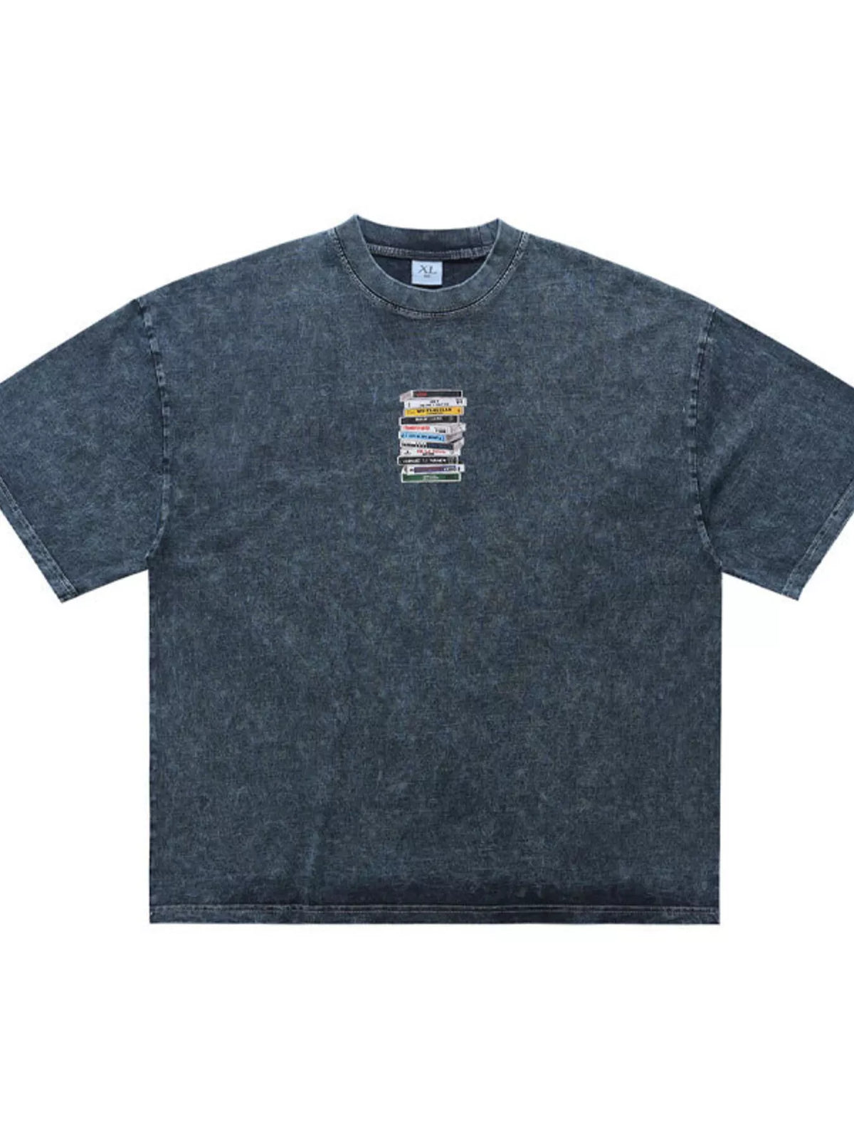 Front view of the blue vintage-wash T-shirt with cassette graphic