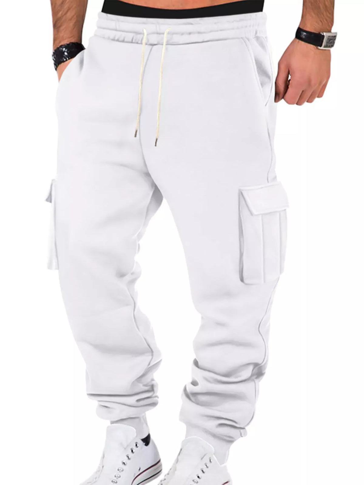 Model wearing white cargo joggers with drawstring waist