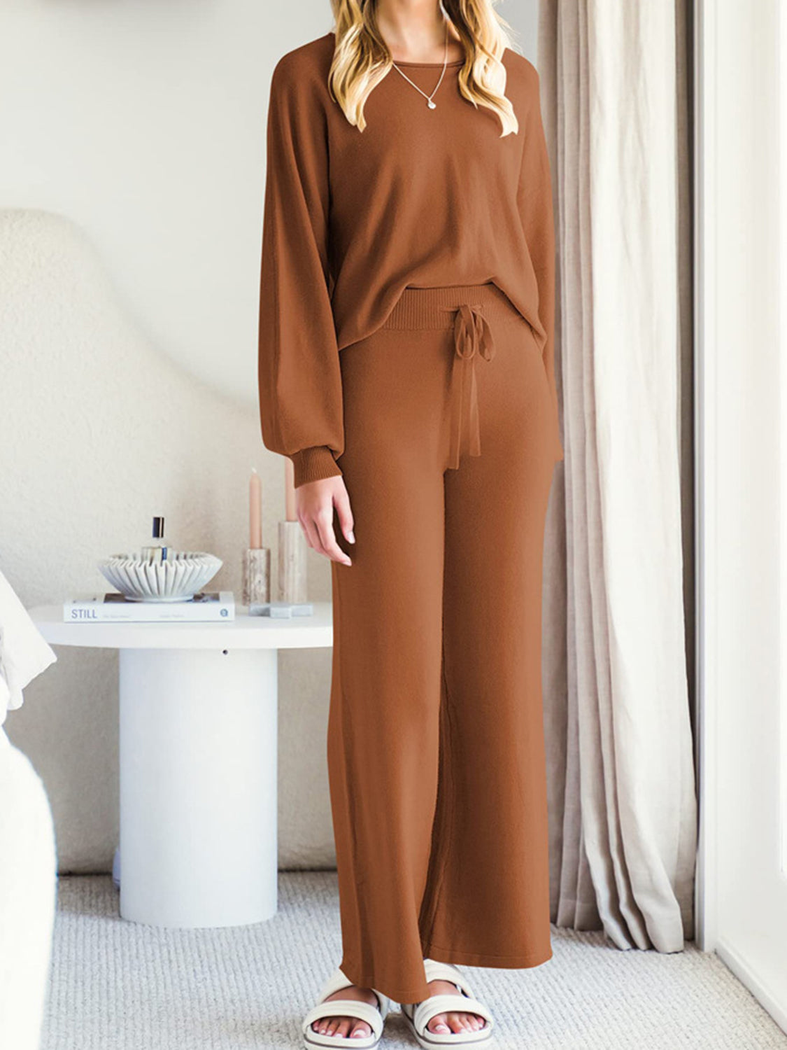 Close front view of brown lounge top and matching drawstring pants