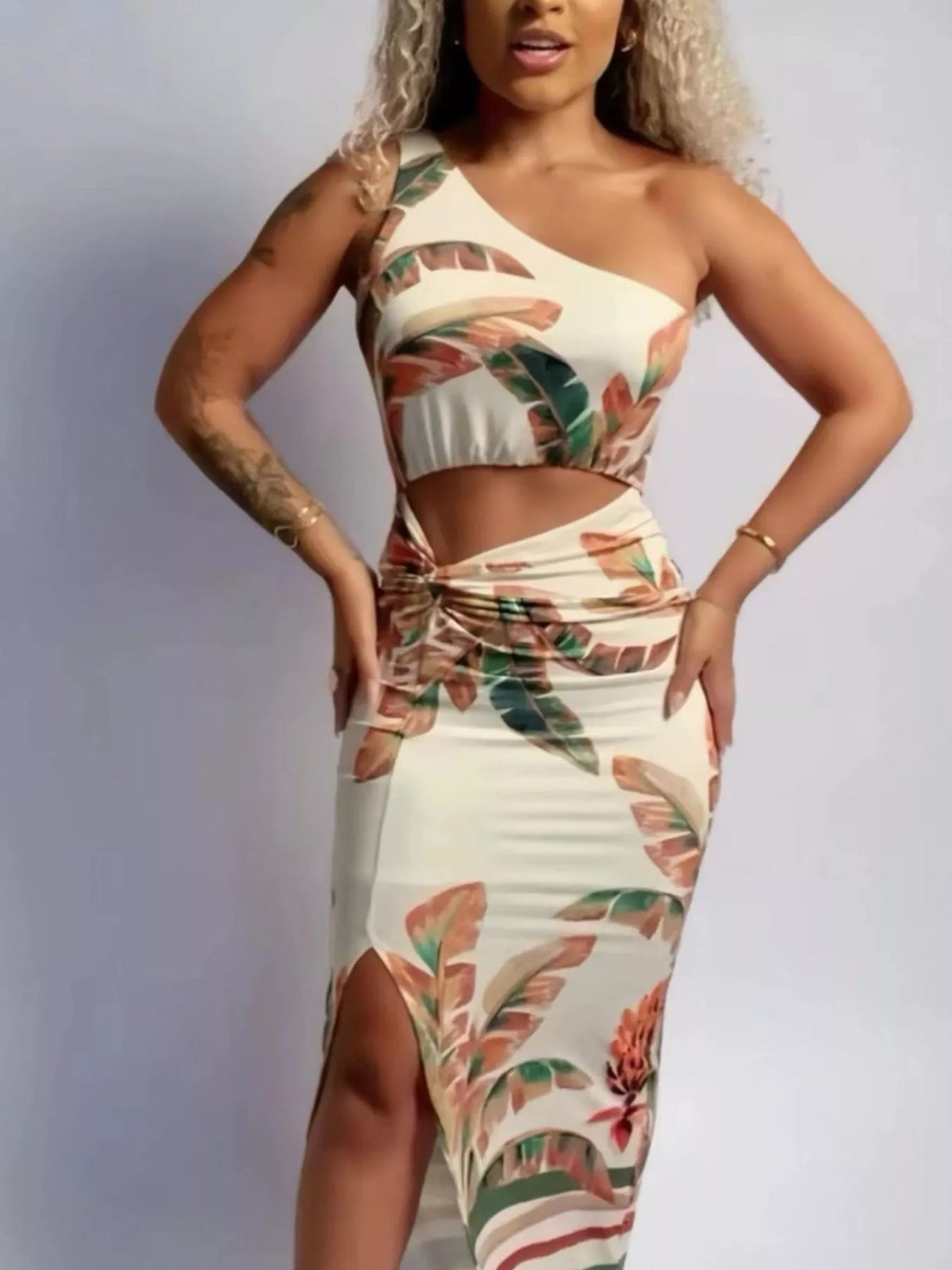 Tropical print cut-out maxi dress, angled front view