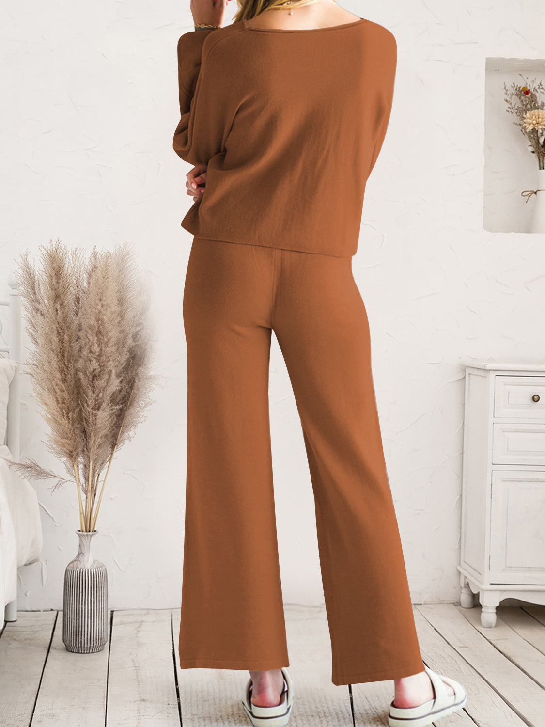 Brown drawstring lounge pants shown from waist to hem