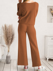 Brown drawstring lounge pants shown from waist to hem