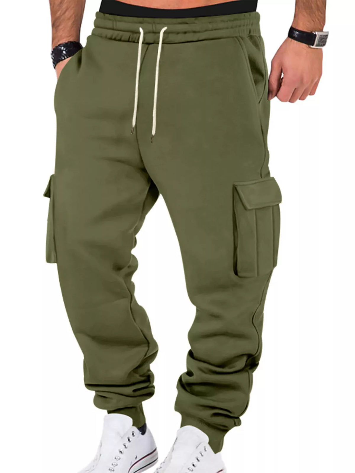 Model wearing olive cargo joggers, front view
