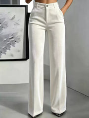 White high-waisted velvet trousers with wide legs, full front view