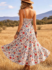 Back view of white floral midi dress with thin shoulder straps