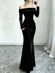 Black velvet off-shoulder long-sleeve mermaid maxi dress, front view