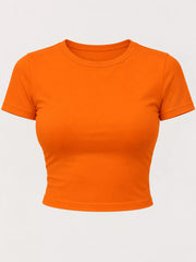 Front view of an orange cropped crew-neck short-sleeve T-shirt