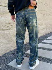 Back view of blue patterned jeans showing patch pockets and a waistband patch