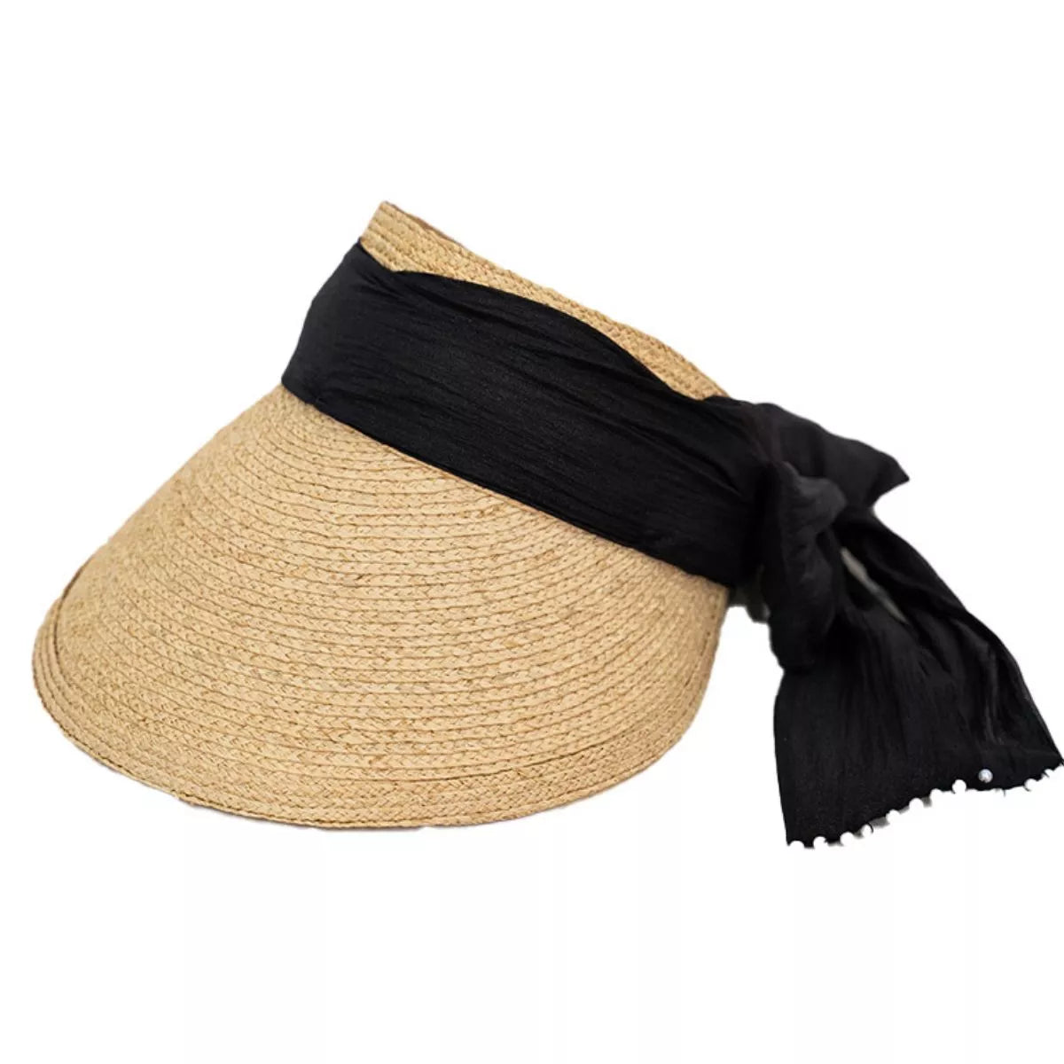 Front view of woven straw visor with black band and tied ribbon