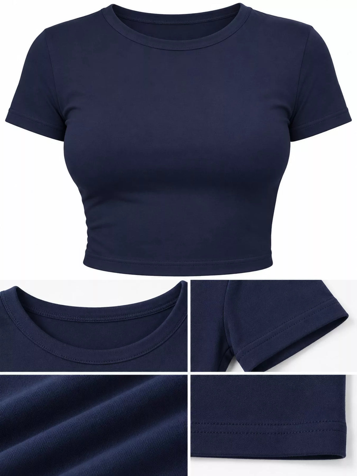 Light blue short-sleeve crew neck crop T-shirt shown on a model.