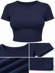 Light blue short-sleeve crew neck crop T-shirt shown on a model.