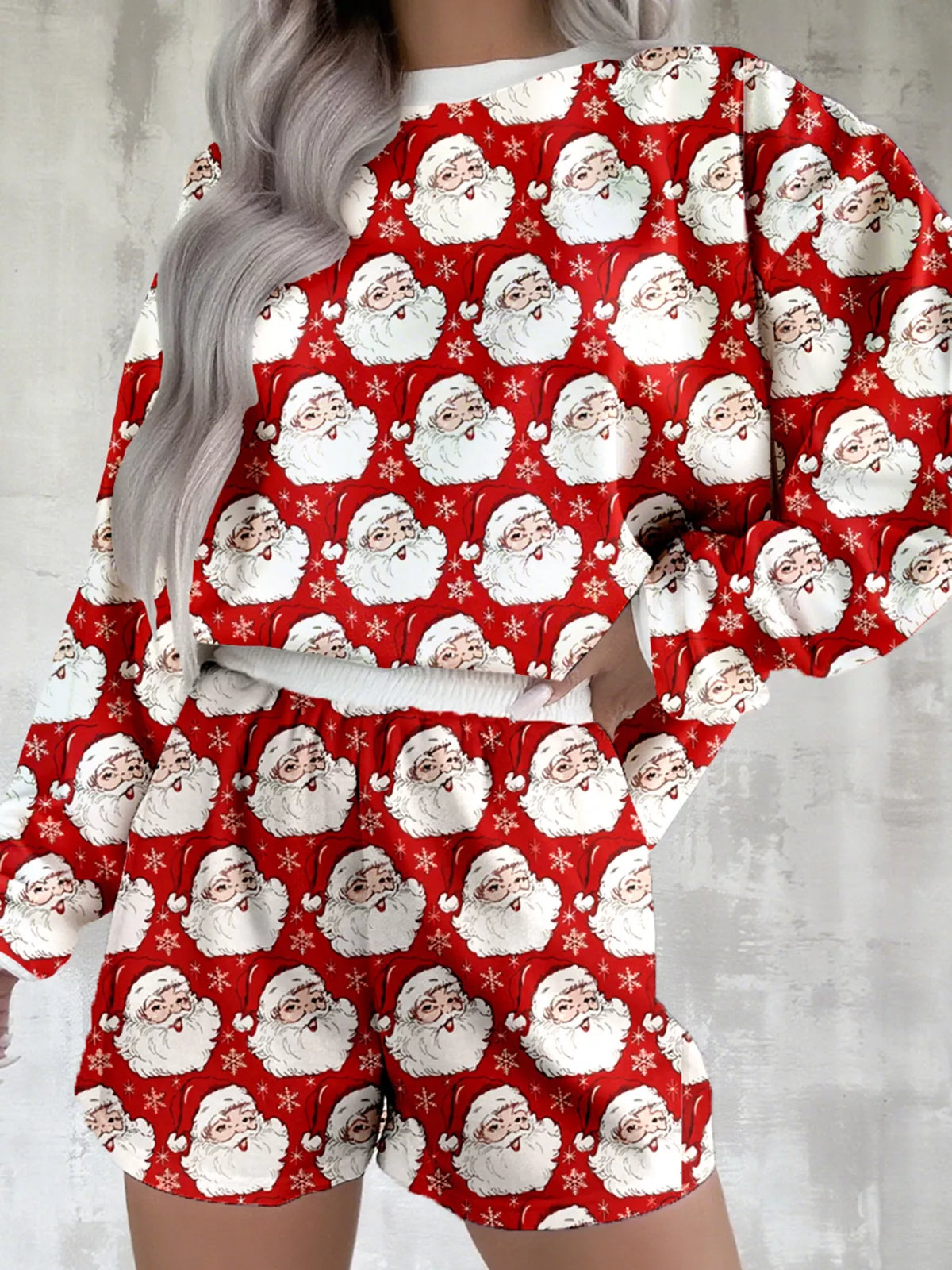 Women's Christmas Santa-Print Top & Shorts Lounge Set: Red Santa-print lounge set with elastic-waist shorts.