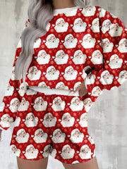 Women's Christmas Santa-Print Top & Shorts Lounge Set: Red Santa-print lounge set with elastic-waist shorts.