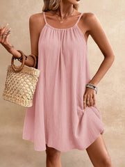 Pink gauze spaghetti-strap dress, front view