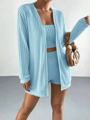 Light blue ribbed three-piece outfit with open cardigan and matching shorts