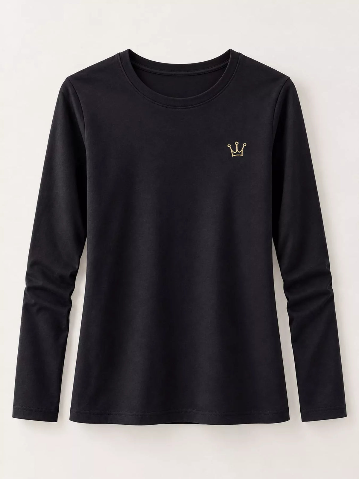 Black long-sleeve crown T-shirt shown flat, front