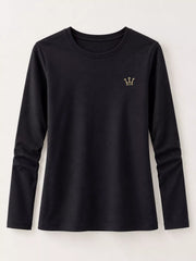 Black long-sleeve crown T-shirt shown flat, front