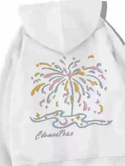 Rear view of white hoodie showing pastel fireworks graphic beneath the hood