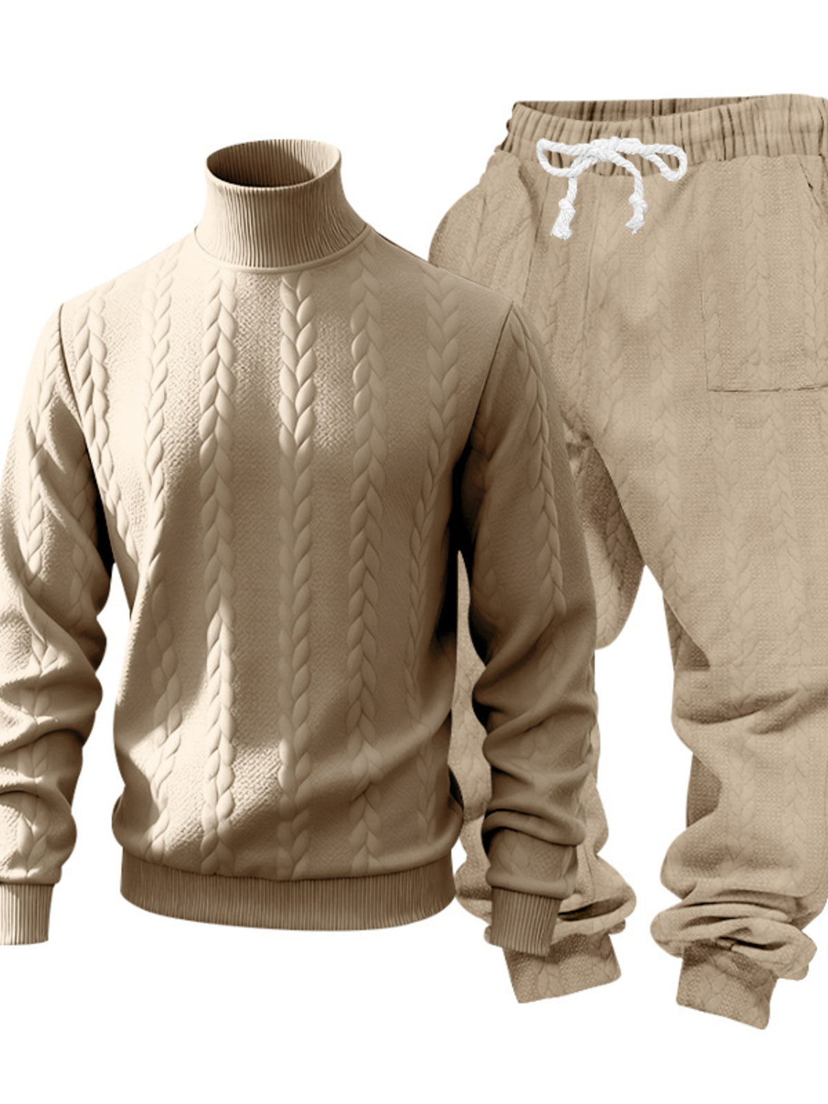 Beige cable-knit mock-neck sweater and matching drawstring joggers displayed flat from the front.