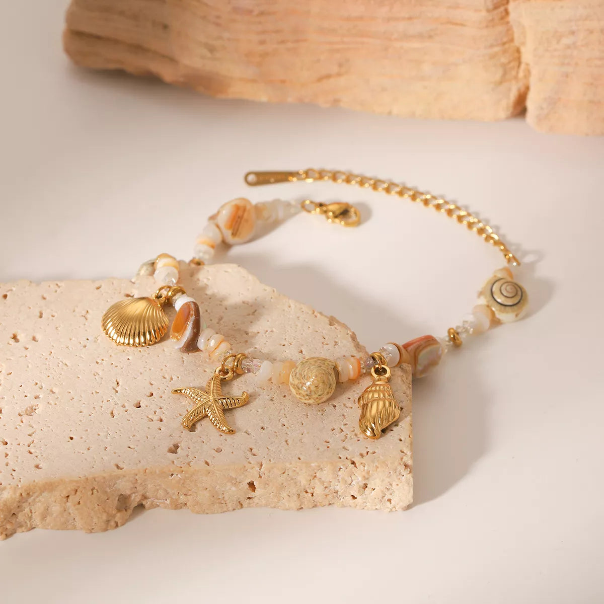 Shell bracelet shown with its adjustable extension chain