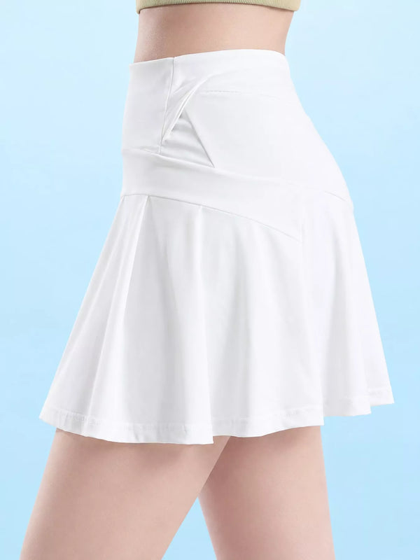 White high-waisted pleated active skirt, side view