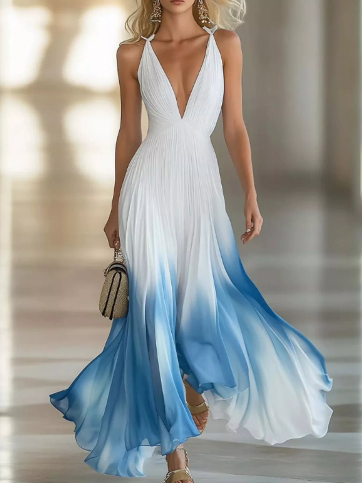 White-to-blue gradient maxi dress with a deep V-neckline and flowing pleated skirt, front view.
