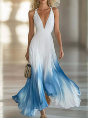 White-to-blue gradient maxi dress with a deep V-neckline and flowing pleated skirt, front view.