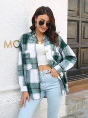 Plaid button-up collared shirt in green-and-white plaid front view worn open over white top