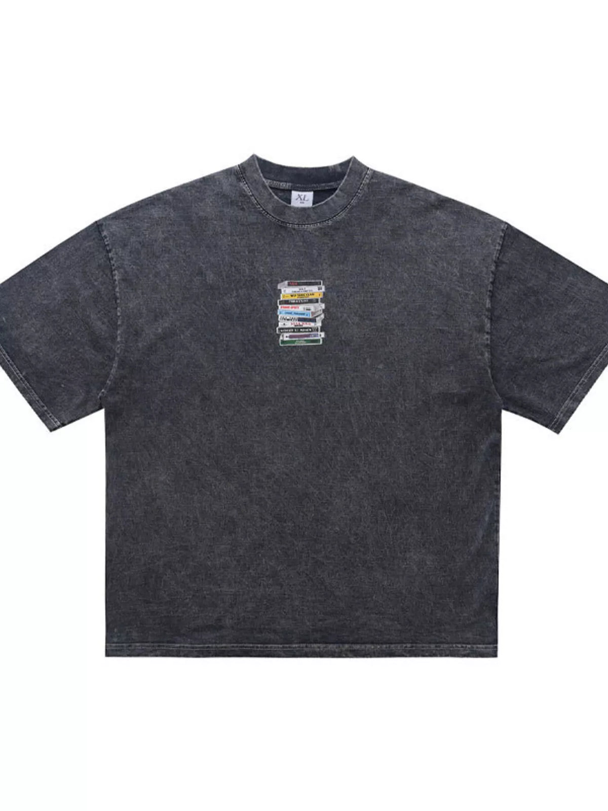 Front view of the charcoal vintage-wash T-shirt with cassette graphic