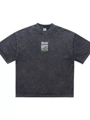 Front view of the charcoal vintage-wash T-shirt with cassette graphic