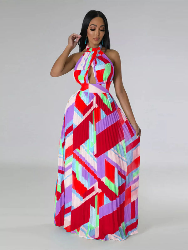 Women's geometric print halter-neck pleated maxi dress