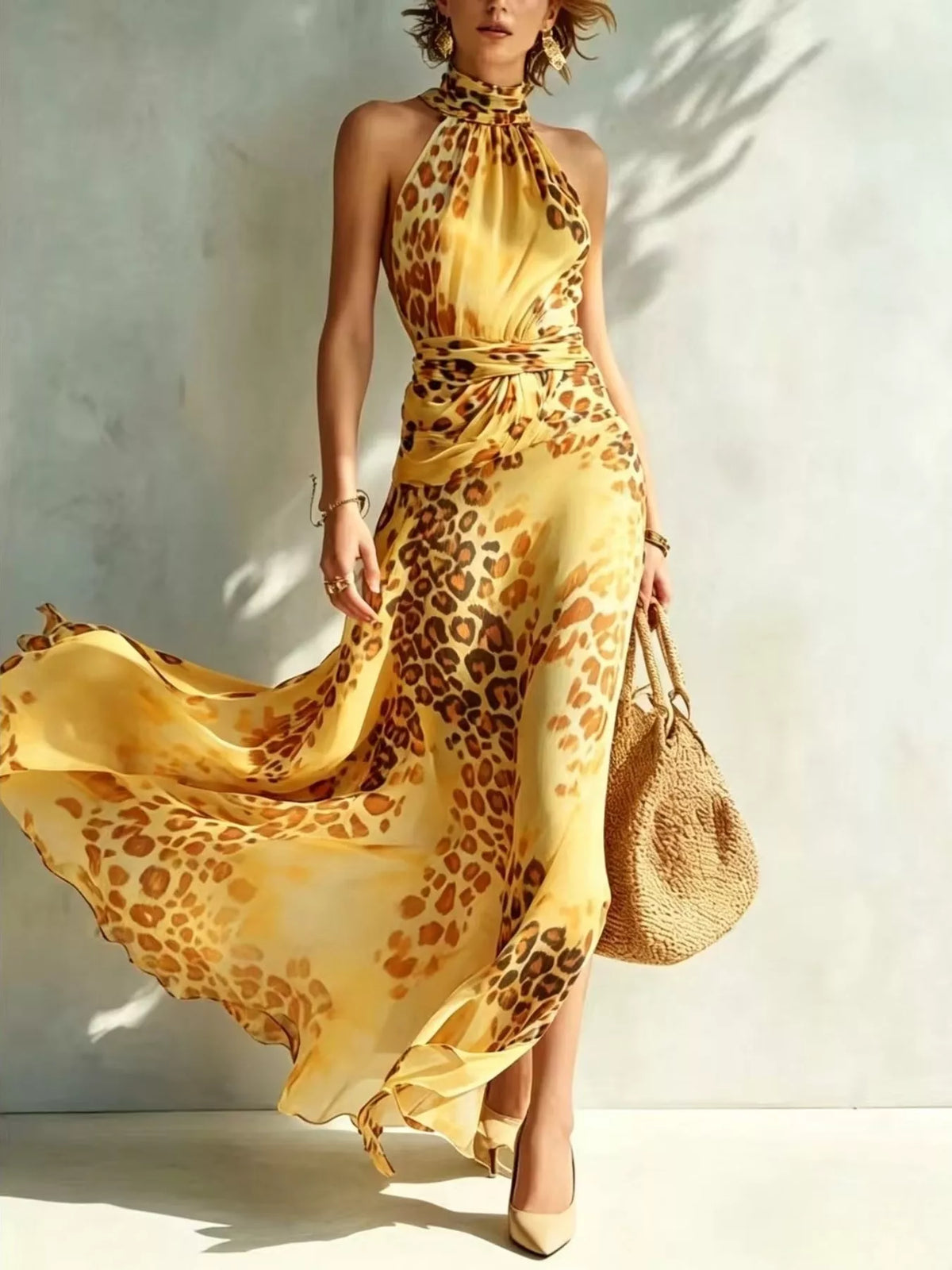 Yellow leopard-print sleeveless halter maxi dress, full view