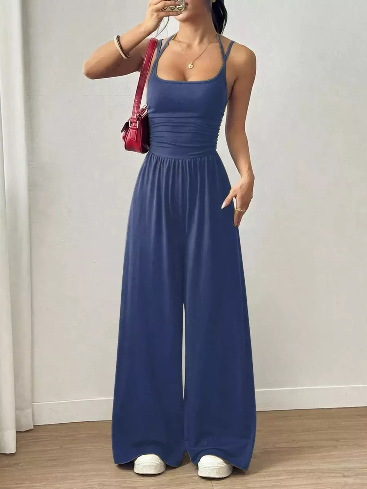 Women's spaghetti-strap wide-leg jumpsuit, blue front view