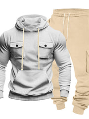 Light grey chest-pocket hoodie and beige cargo joggers displayed from the front
