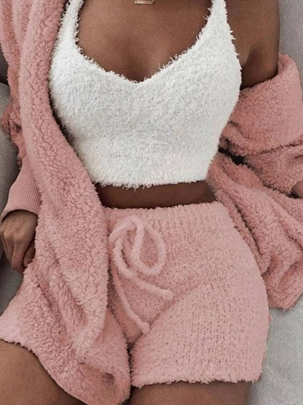 Pink fuzzy lounge set with crop top, cardigan and shorts