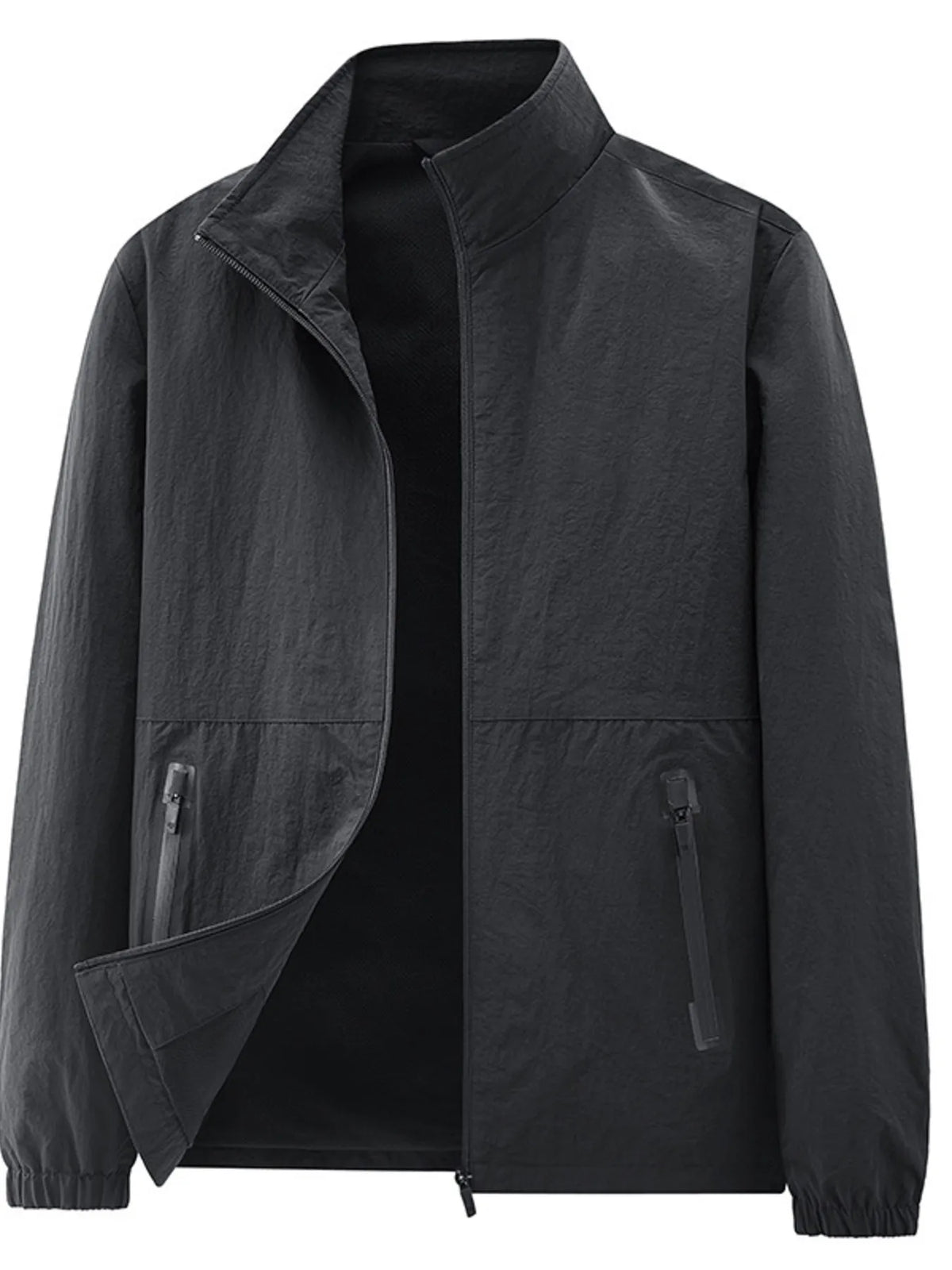 Black stand-collar jacket displayed alone with an open front and zippered side pockets