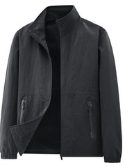 Black stand-collar jacket displayed alone with an open front and zippered side pockets