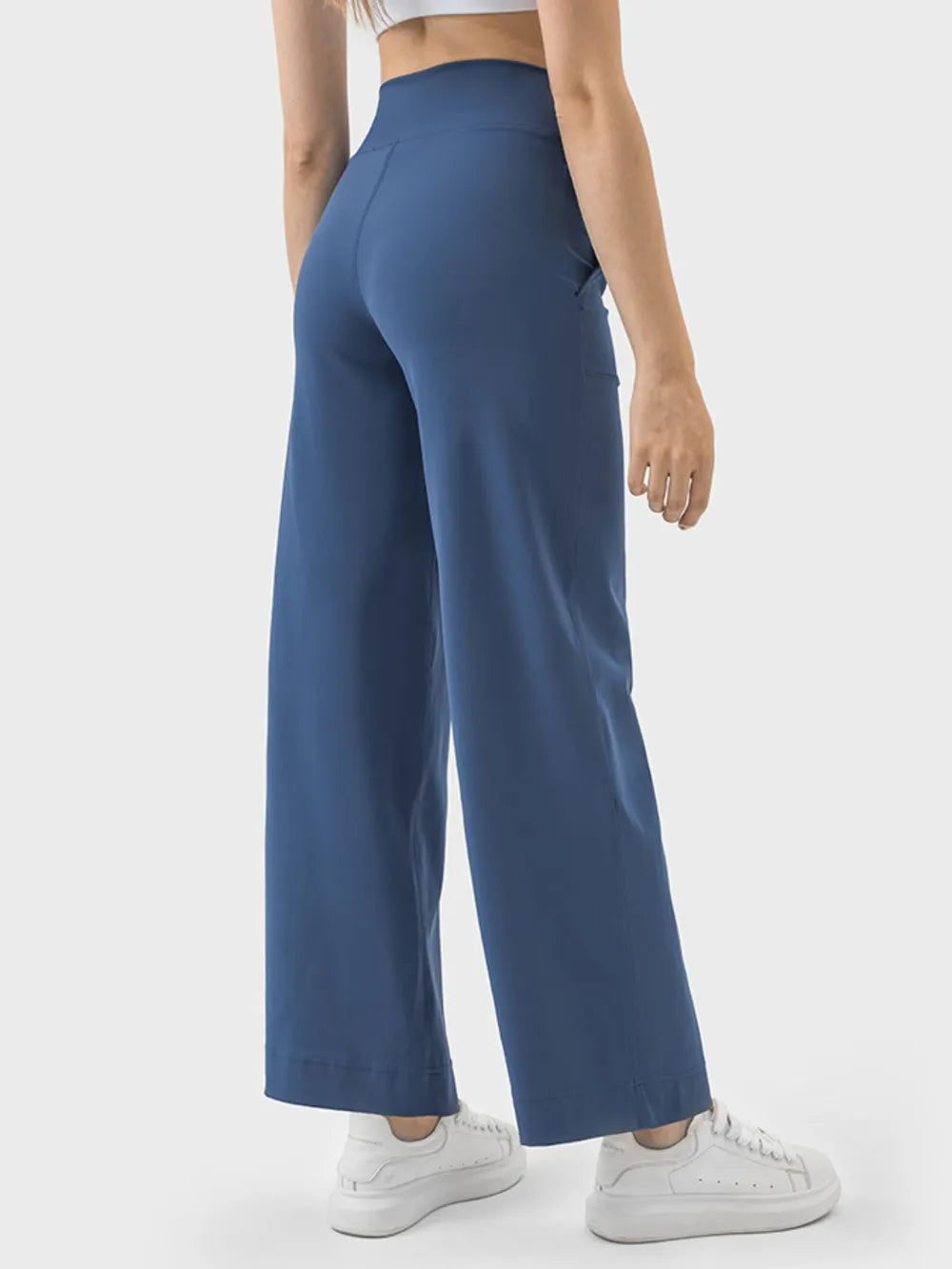 Blue wide-leg pants shown from behind