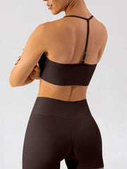Back view of dark brown active bra with adjustable center strap