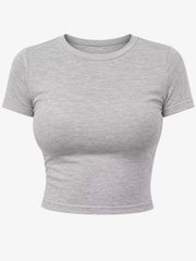 Gray crew-neck short-sleeve crop T-shirt, front view.