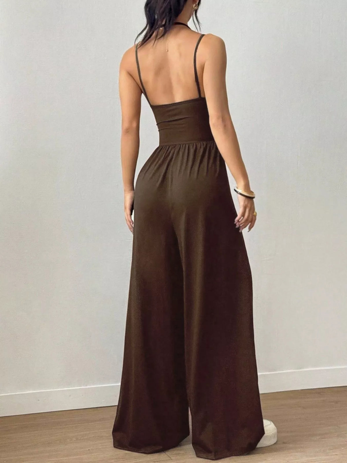 Women's spaghetti-strap wide-leg jumpsuit, brown back view