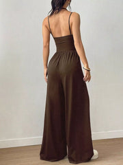 Women's spaghetti-strap wide-leg jumpsuit, brown back view