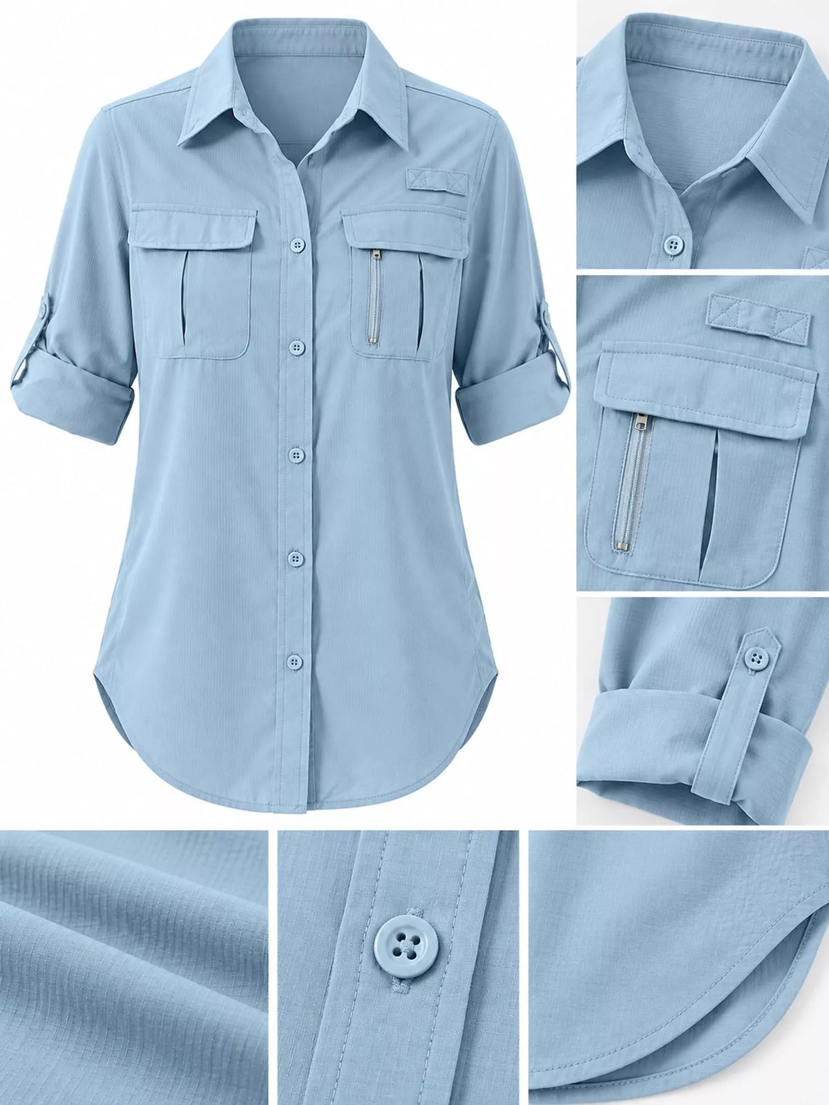 Black button-down shirt with rolled sleeves, front view on model