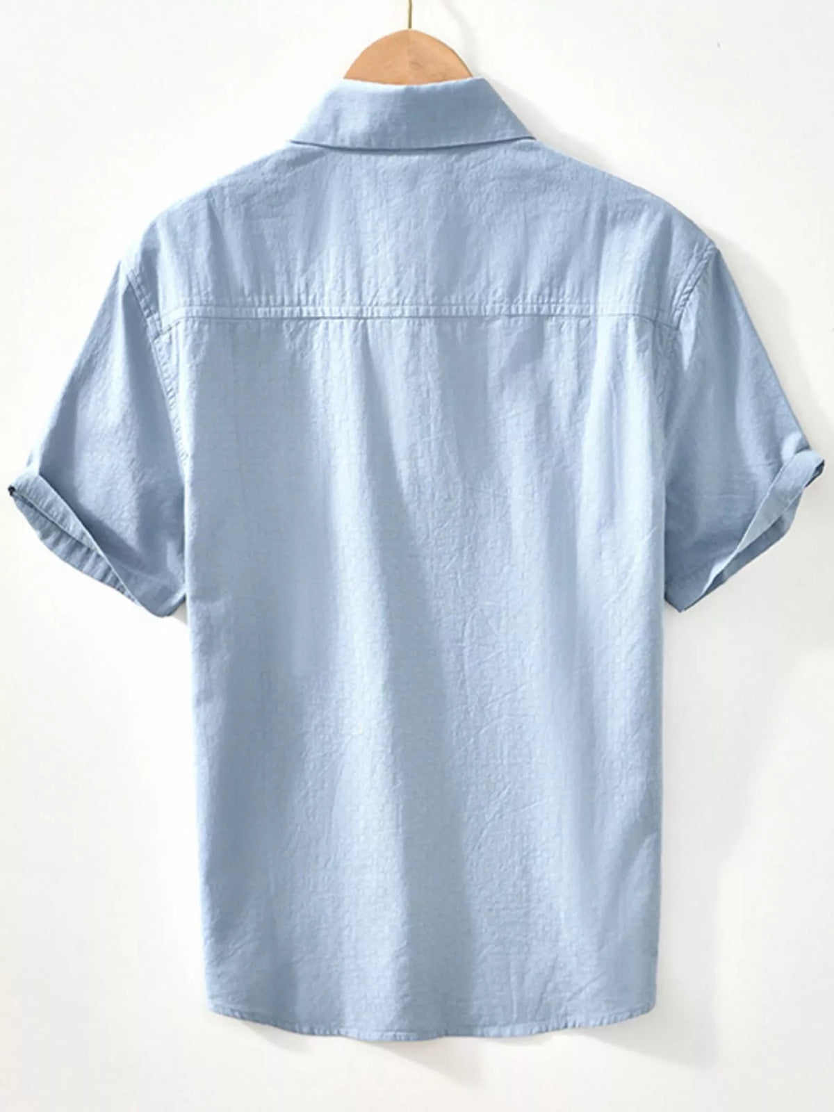 Light blue short-sleeve button-down shirt, back view