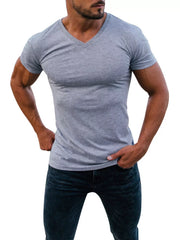 Man wearing a light gray V-neck T-shirt