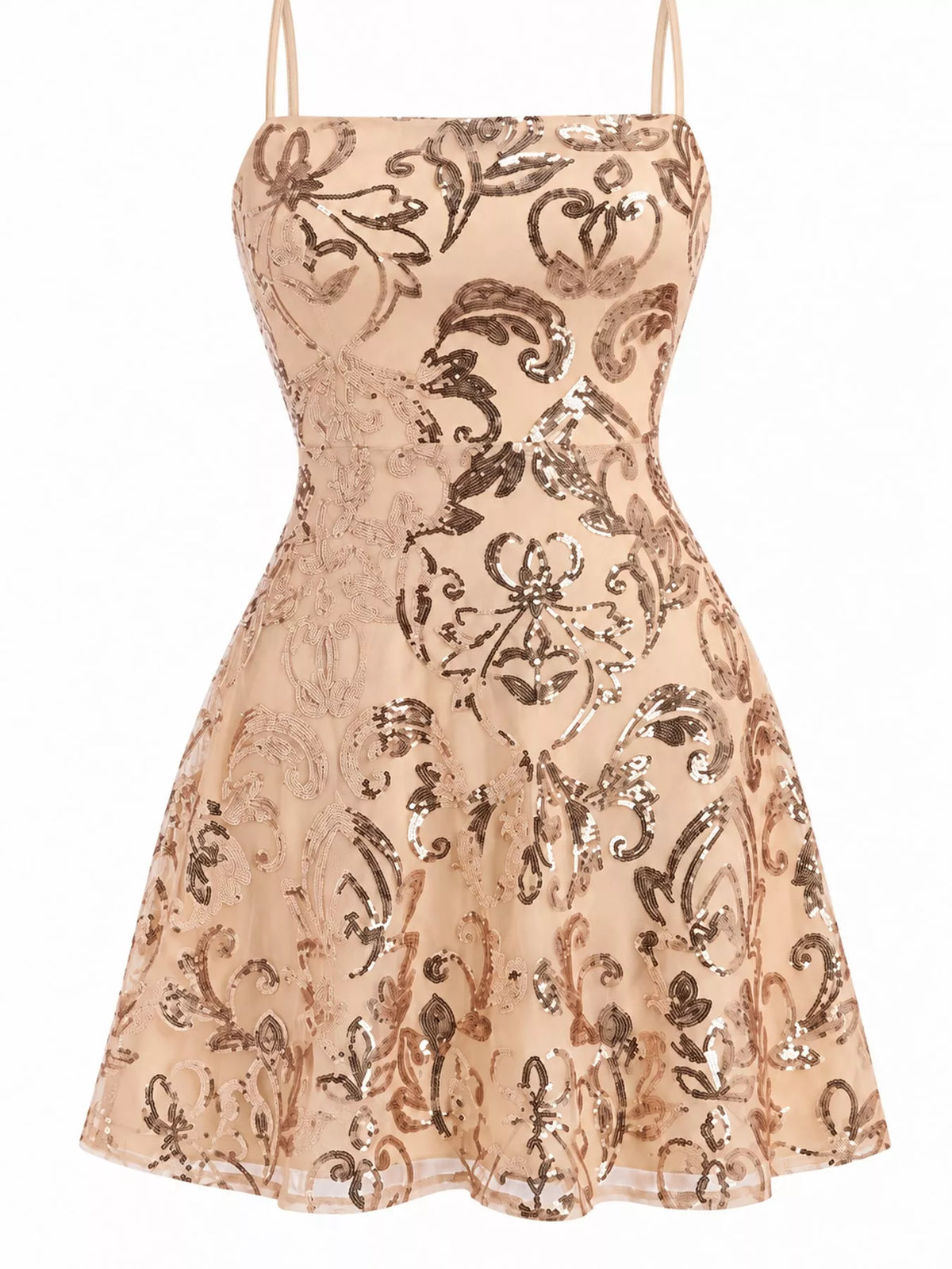 Close-up of the beige dress's straight neckline, waist seam and gold-toned floral sequins.