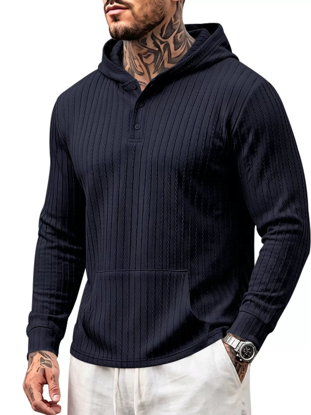 Model wearing navy hoodie showing front textured knit