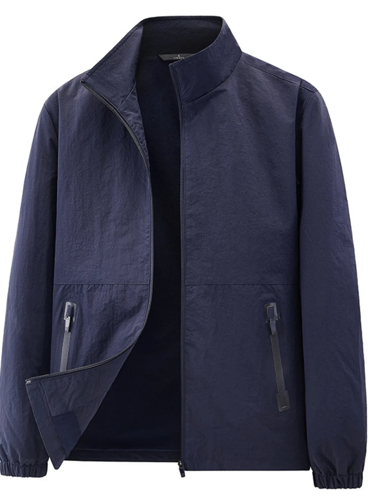 Navy stand-collar jacket with elastic cuffs and zippered pockets displayed open