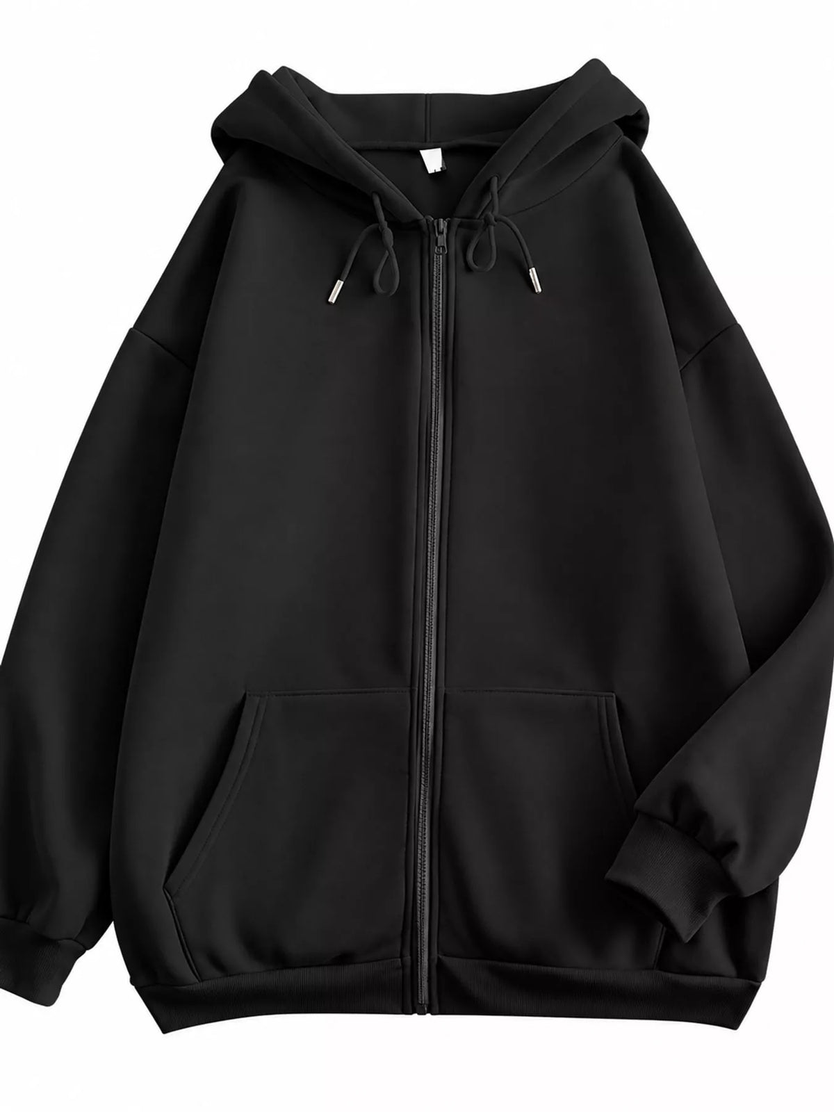 Front view of the black oversized zip-up hoodie with drawstring hood and pockets