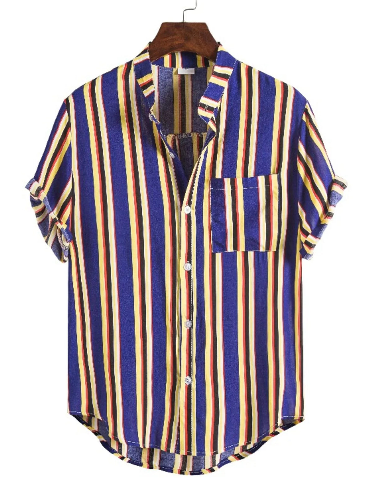 Navy short-sleeve shirt with yellow and white vertical stripes, laid flat